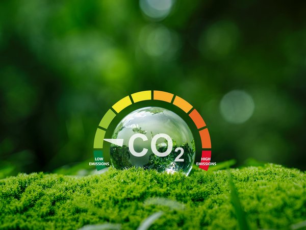 CO2-Skala mit Weltkugel auf Waldboden