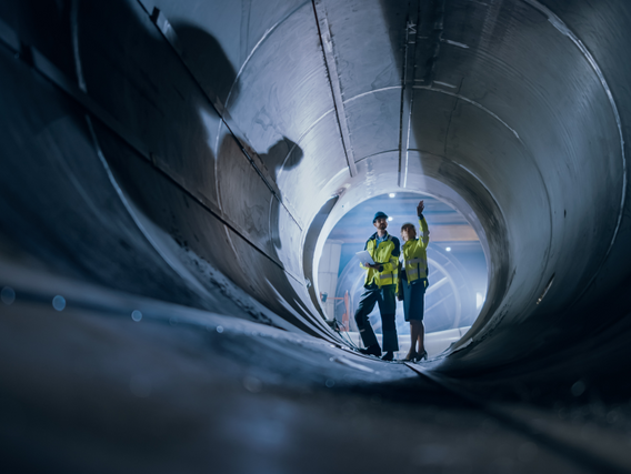 Two Heavy Industry Engineers Walking Inside Pipe, Use Laptop, Have Discussion, Checking Design. 